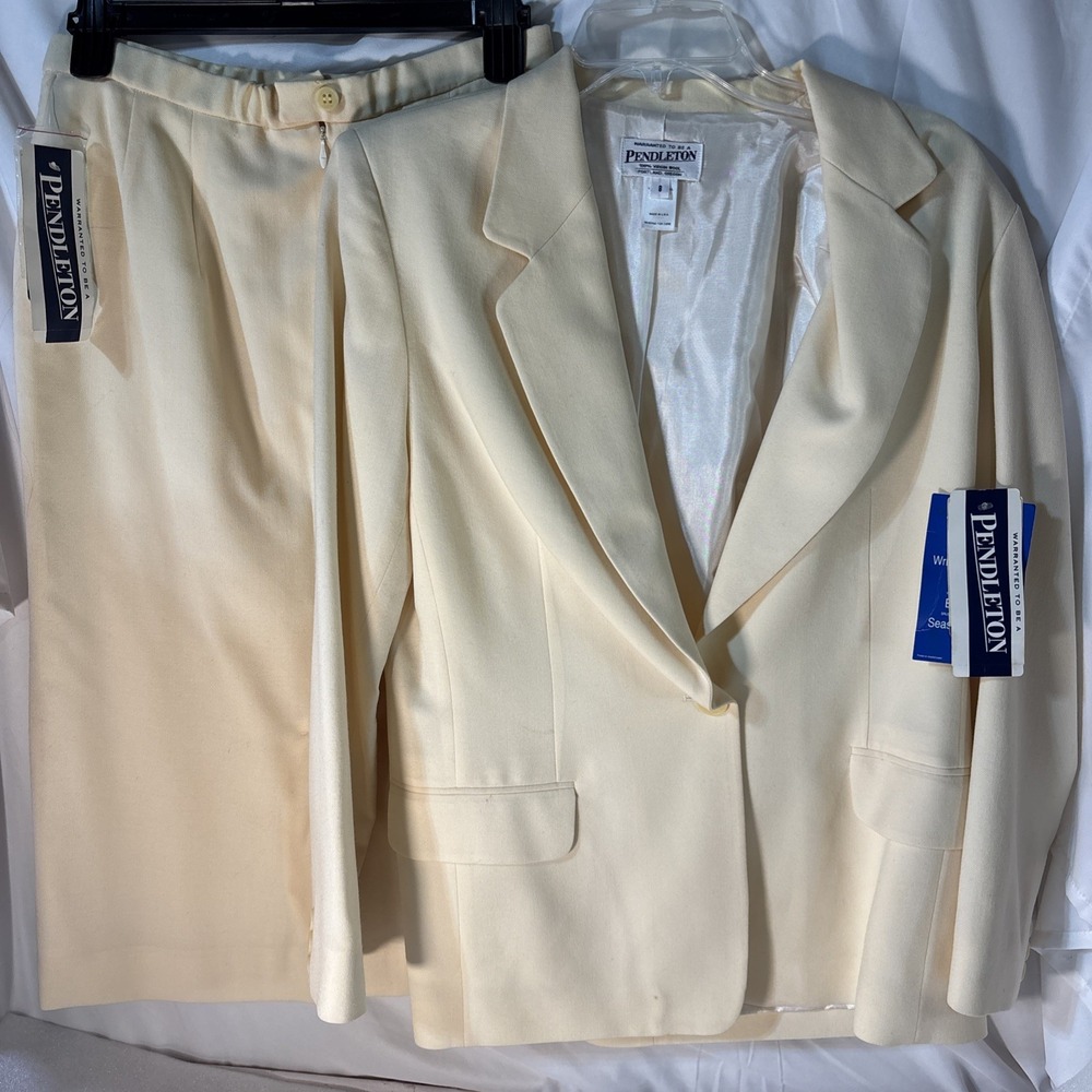 VTG NEW Pendleton Virgin Wool  Blazer Skirt Suit 2 Pc Ivory Career Wear USA Sz 8